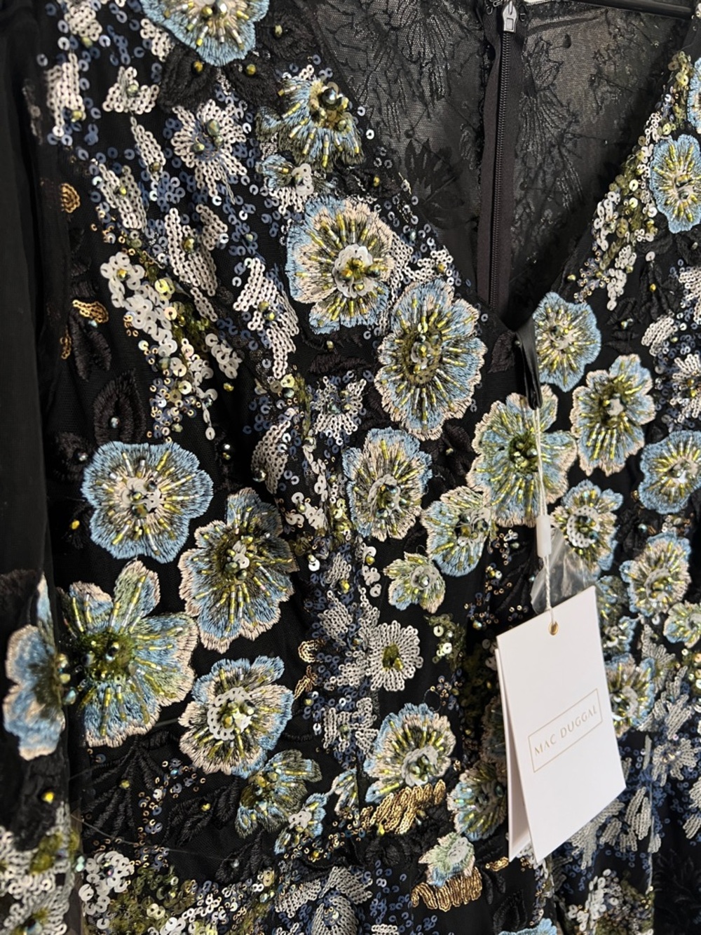Mac Duggal Black Floral Maxi Dress with Pale Green and Silver Accents